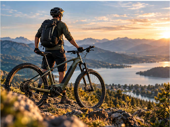 Rowerzysta z e-bike nad górskim jeziorem o zachodzie słońca.