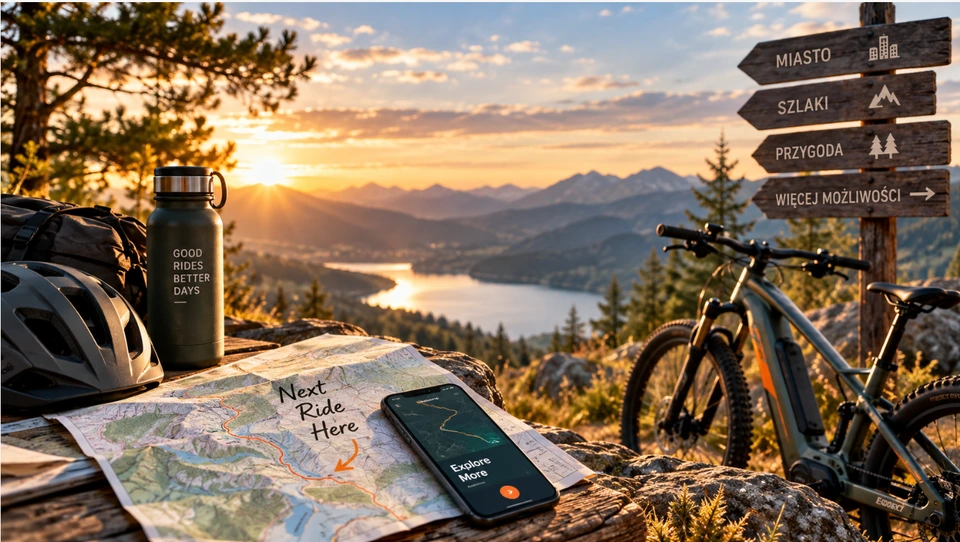 E-bike, mapa tras, telefon i kask nad górskim jeziorem o zachodzie słońca.